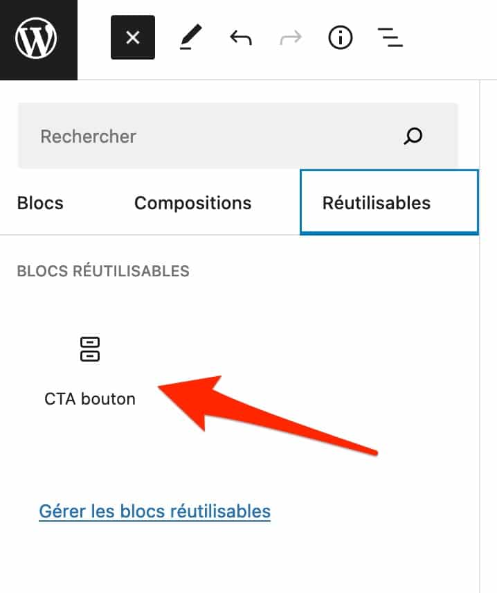 Un exemple de bloc réutilisable sur l'éditeur de texte de WordPress.