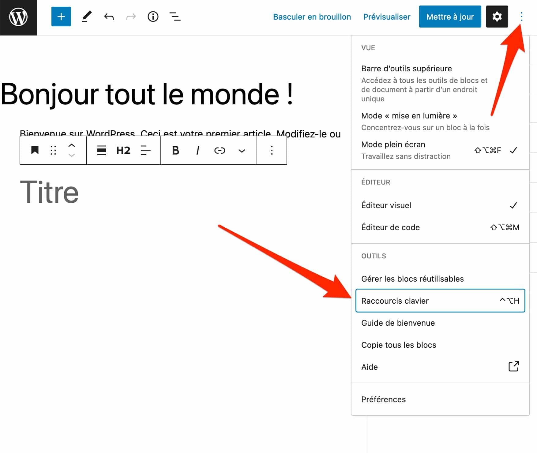 Des raccourcis clavier sont accessibles via l'éditeur de texte.