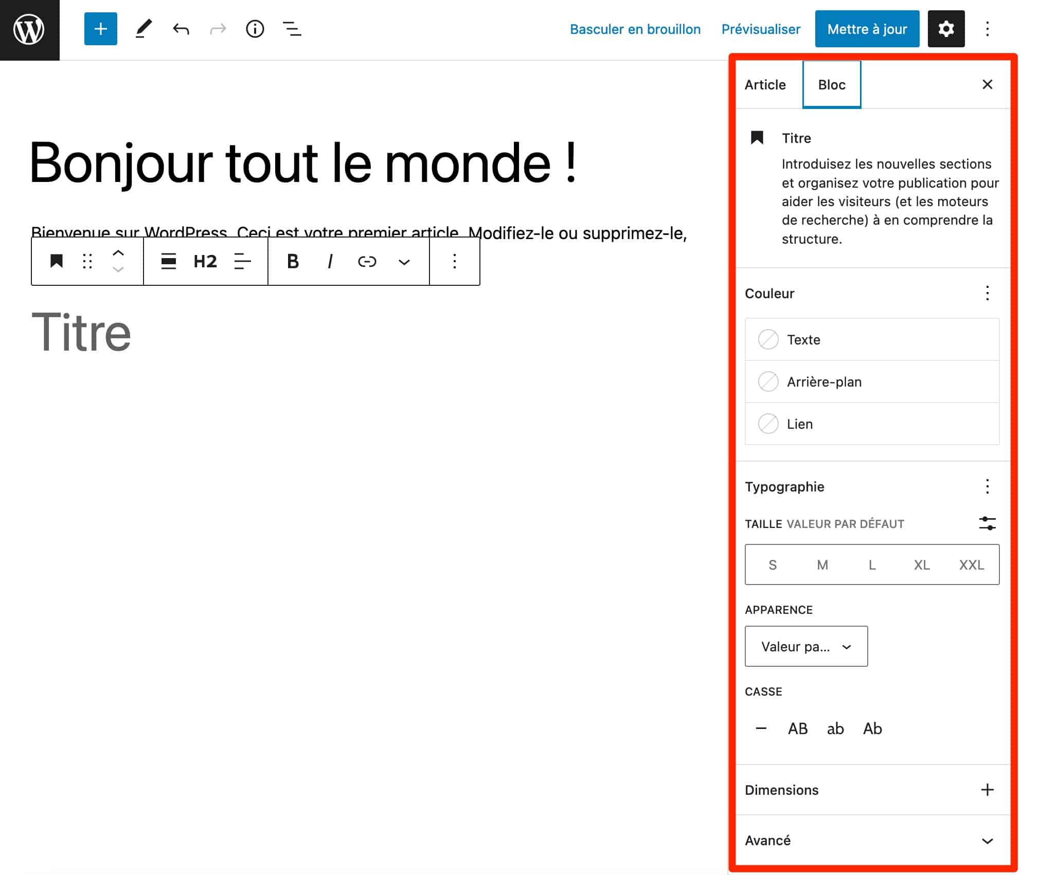 Des réglages bloc par bloc sont proposés sur l'éditeur de WordPress.