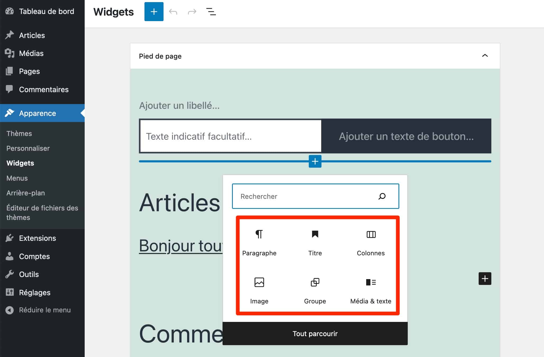 Les zones de widgets sont éditables avec Gutenberg sur WordPress.