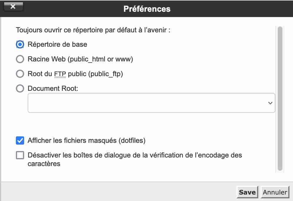 Affichage des fichiers masqués sur cPanel.