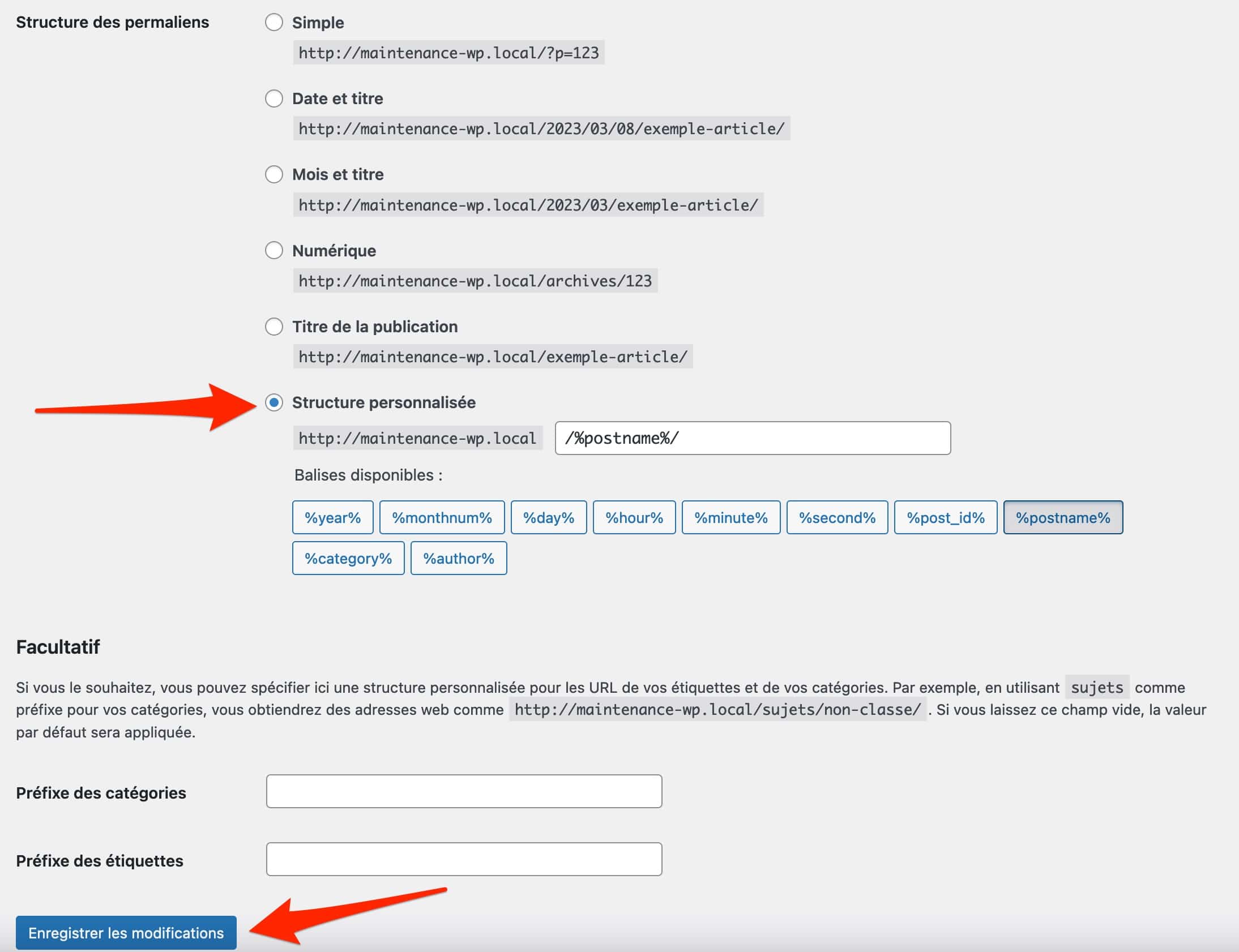 Regénérer les permaliens permet de créer un fichier .htaccess.