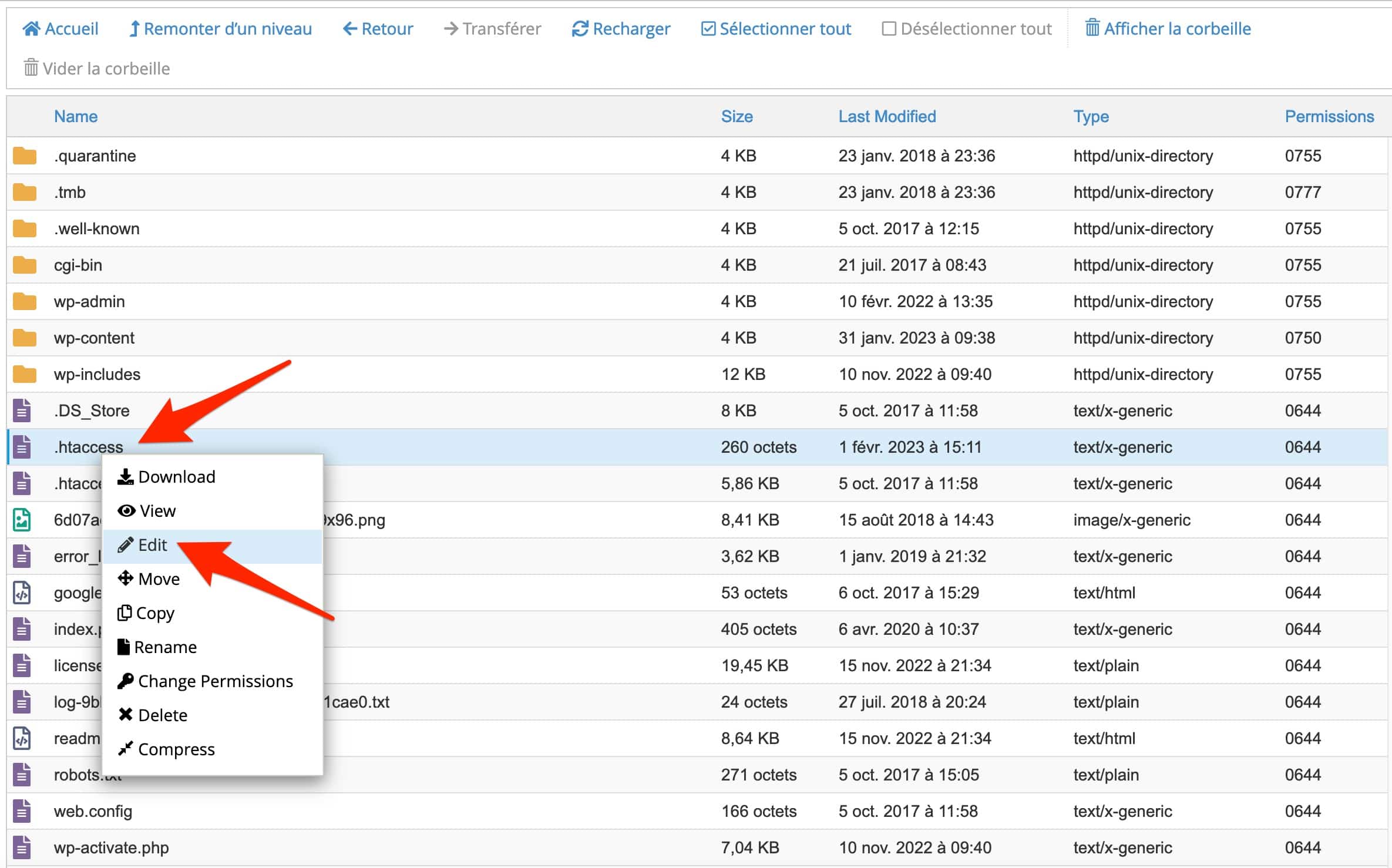 Exemple de fichier .htaccess sur l'interface cPanel.