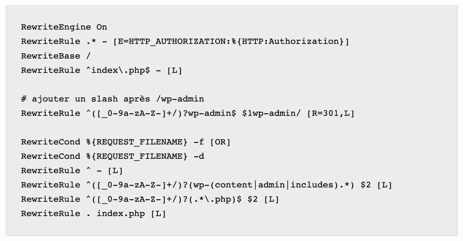 Un fichier .htaccess issu de la documentation officielle de WordPress.