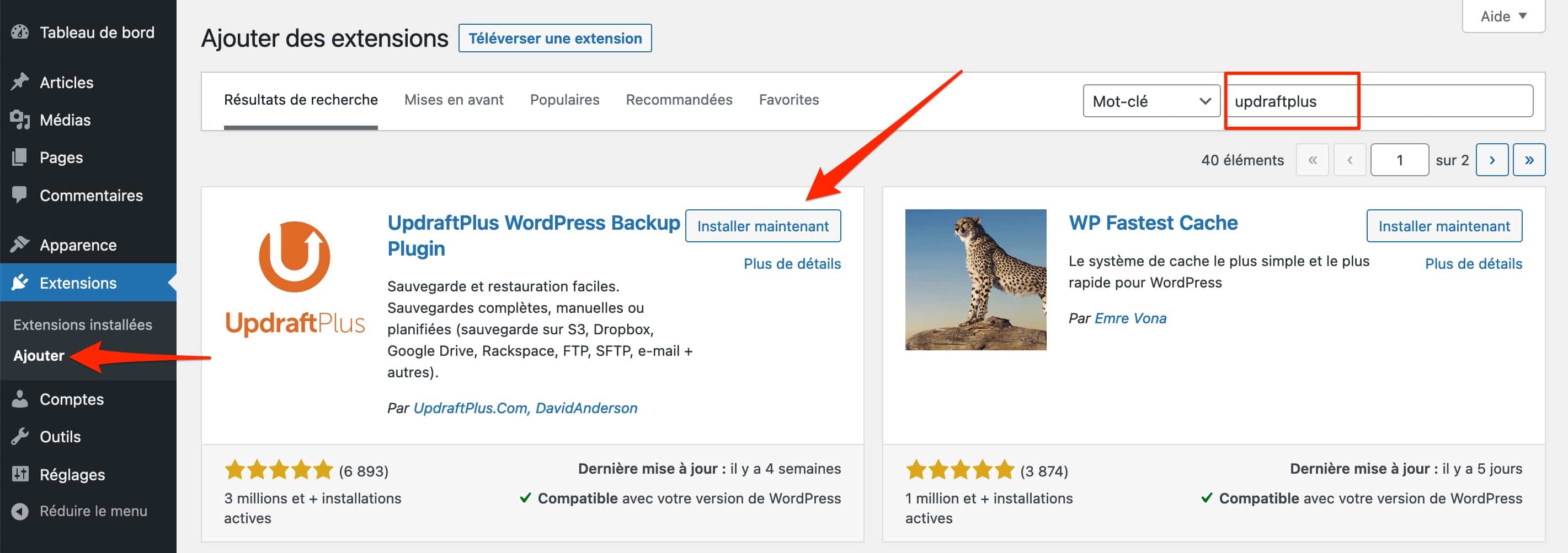 Installation d'UpdraftPlus sur le back office de WordPress.