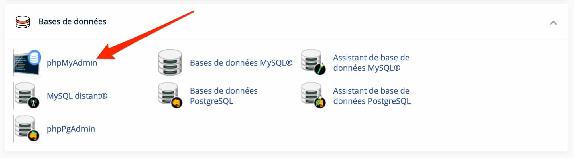 Accès à phpMyAdmin depuis l'interface cPanel.