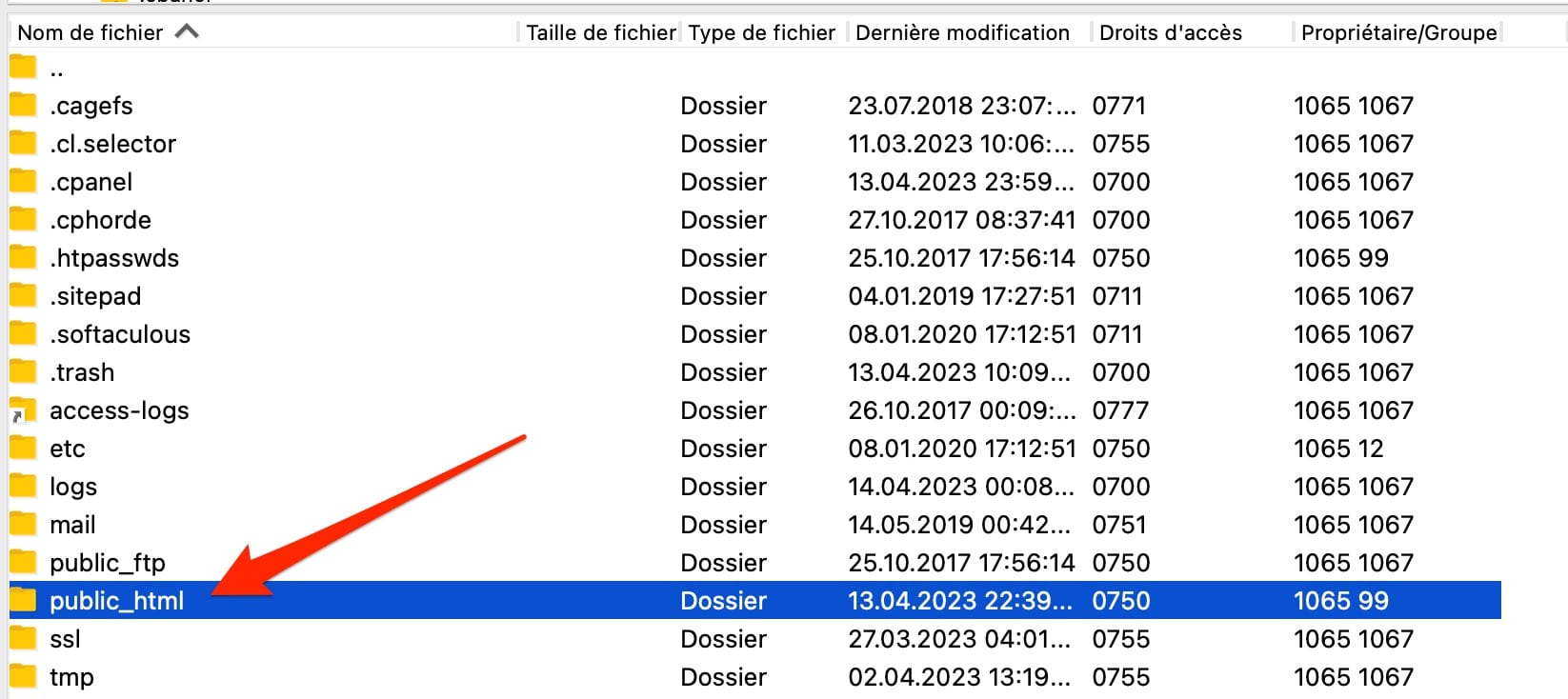 Téléchargement du répertoire racine de WordPress sur le FTP.