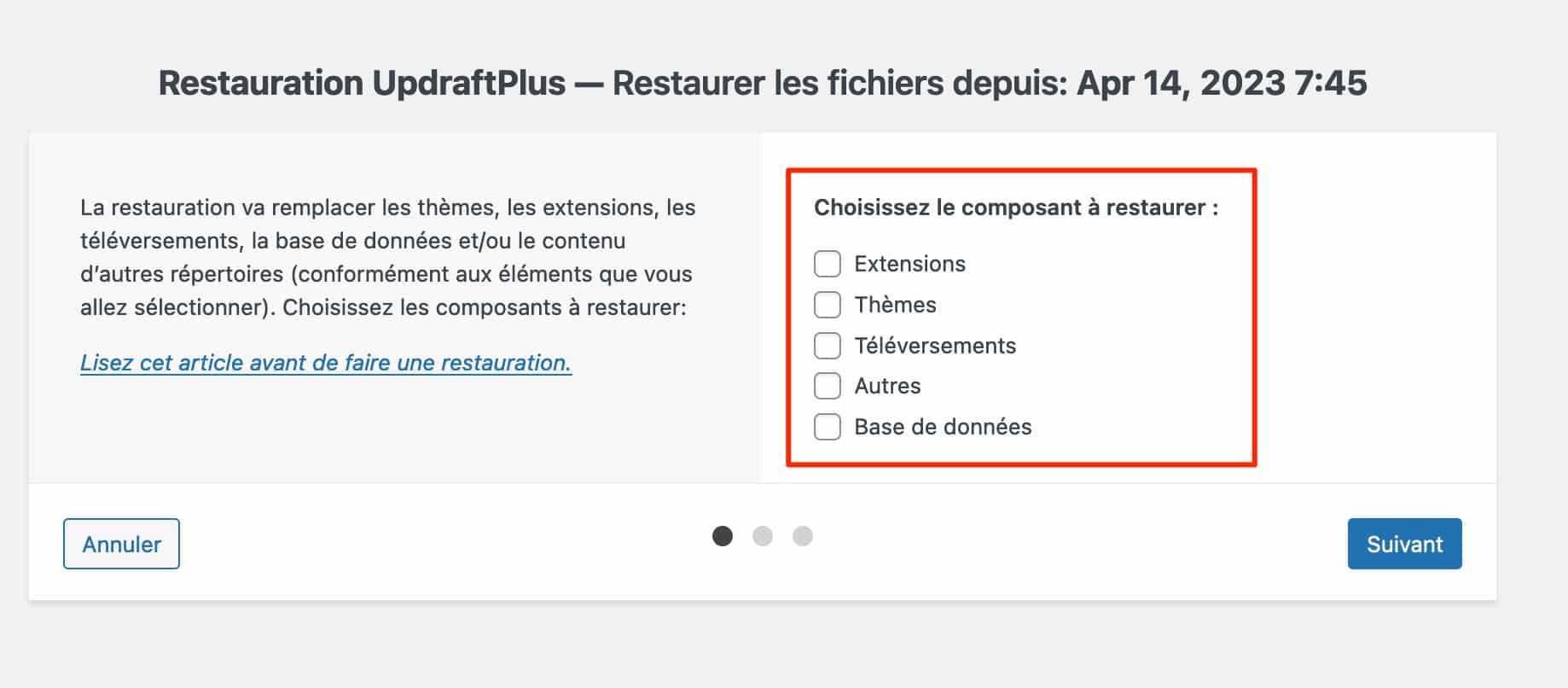 UpdraftPlus permet d'exclure certains éléments de la sauvegarde.
