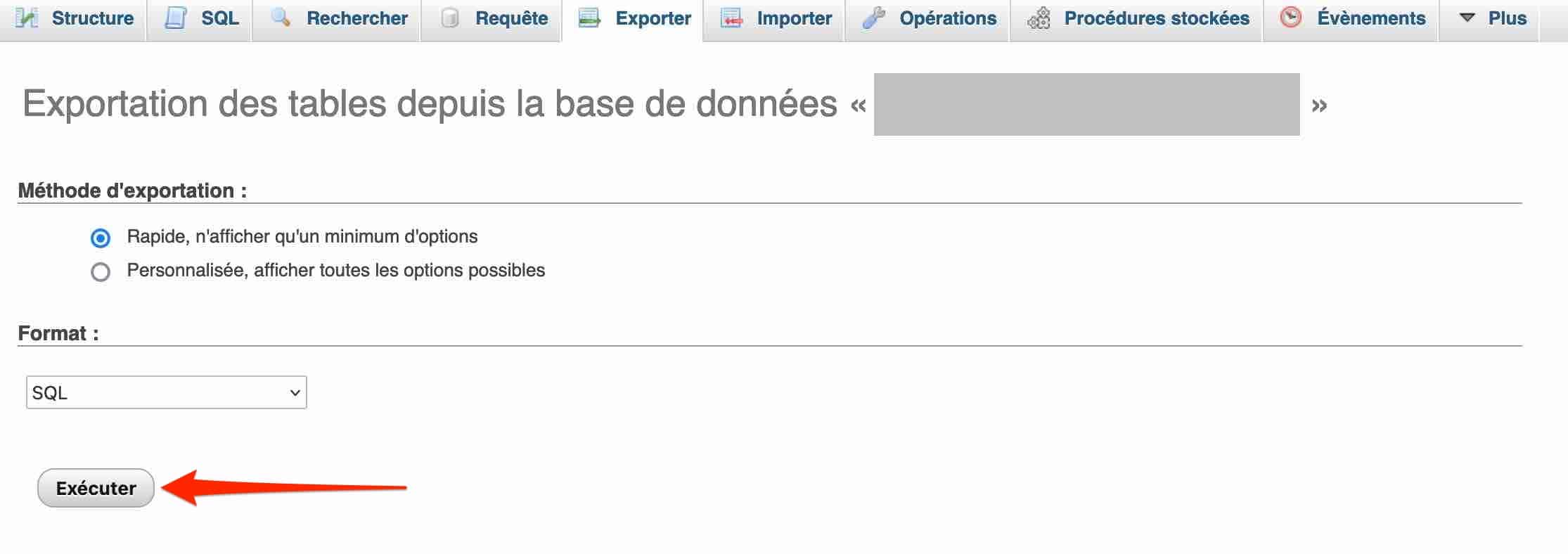 Export d'une base ded onnées sur phpMyAdmin après un backup de WordPress.