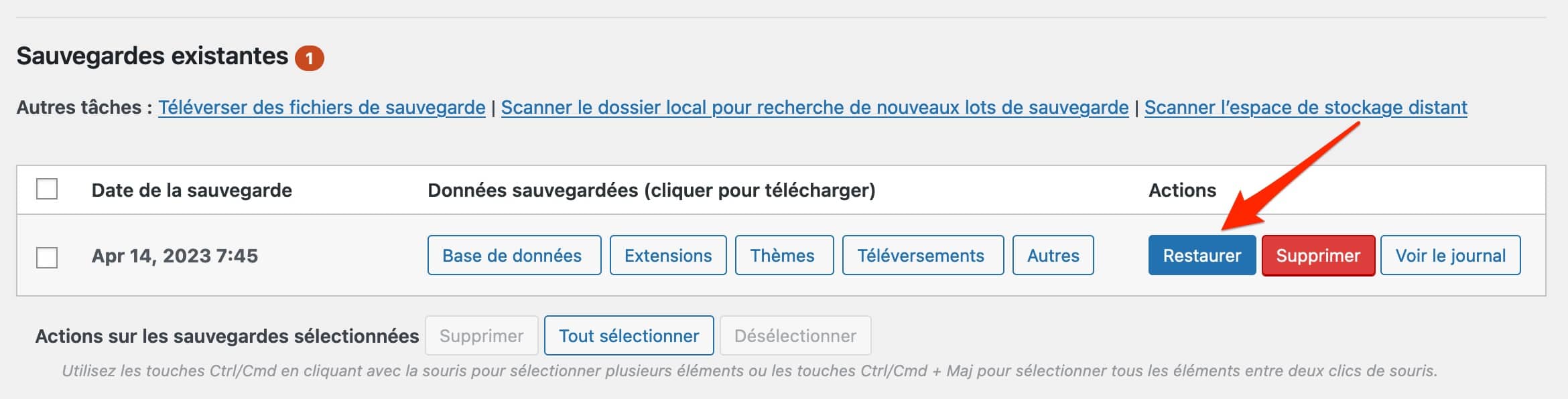 Restauration d'un site avec UpdraftPlus.
