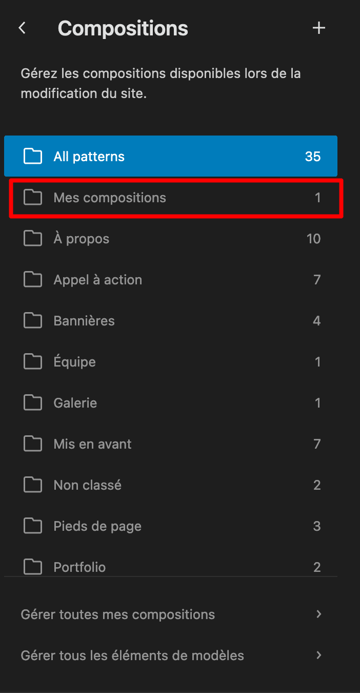 Répertoire Mes Compositions de WordPress 6.4.