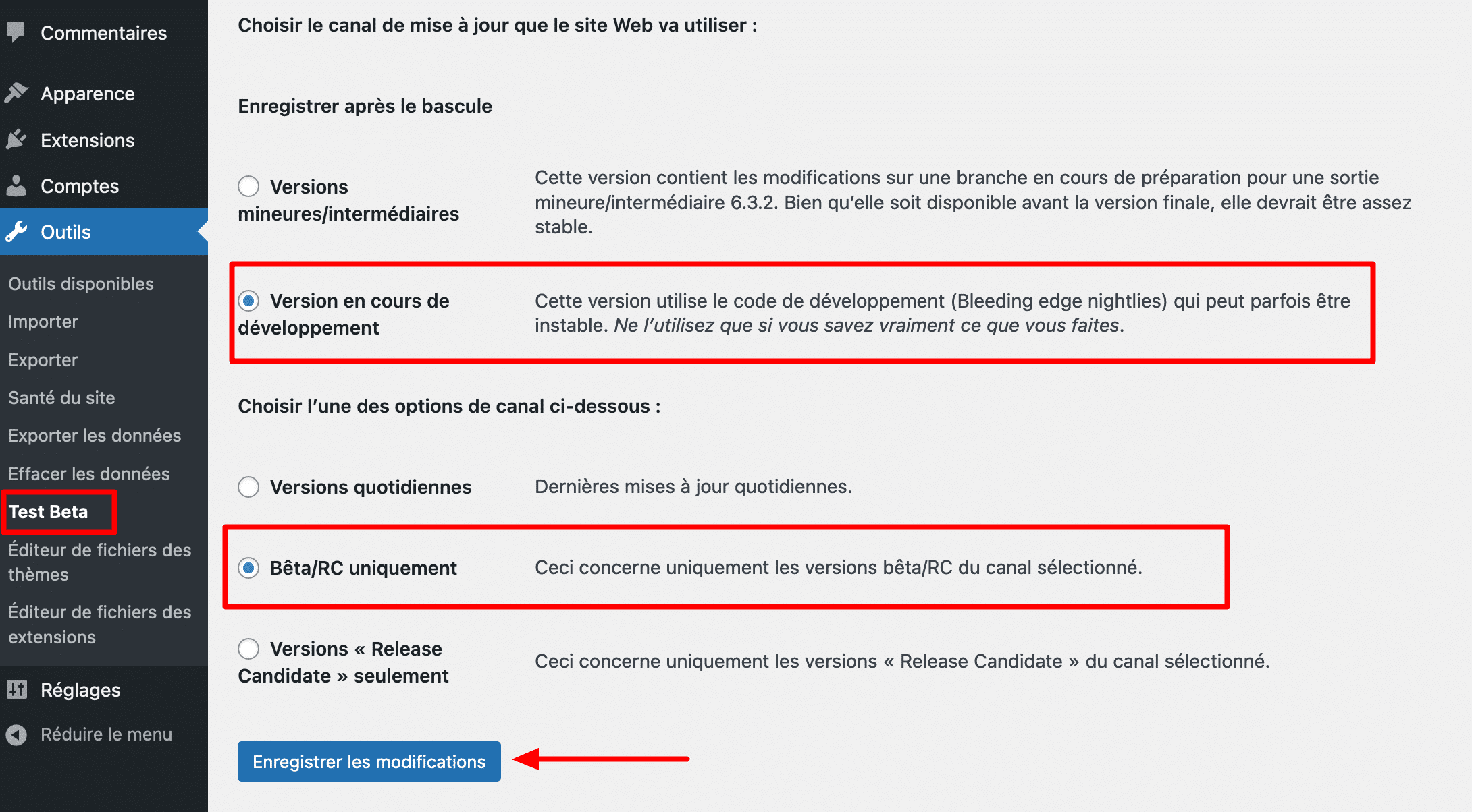 Réglages du plugin Beta Tester. 