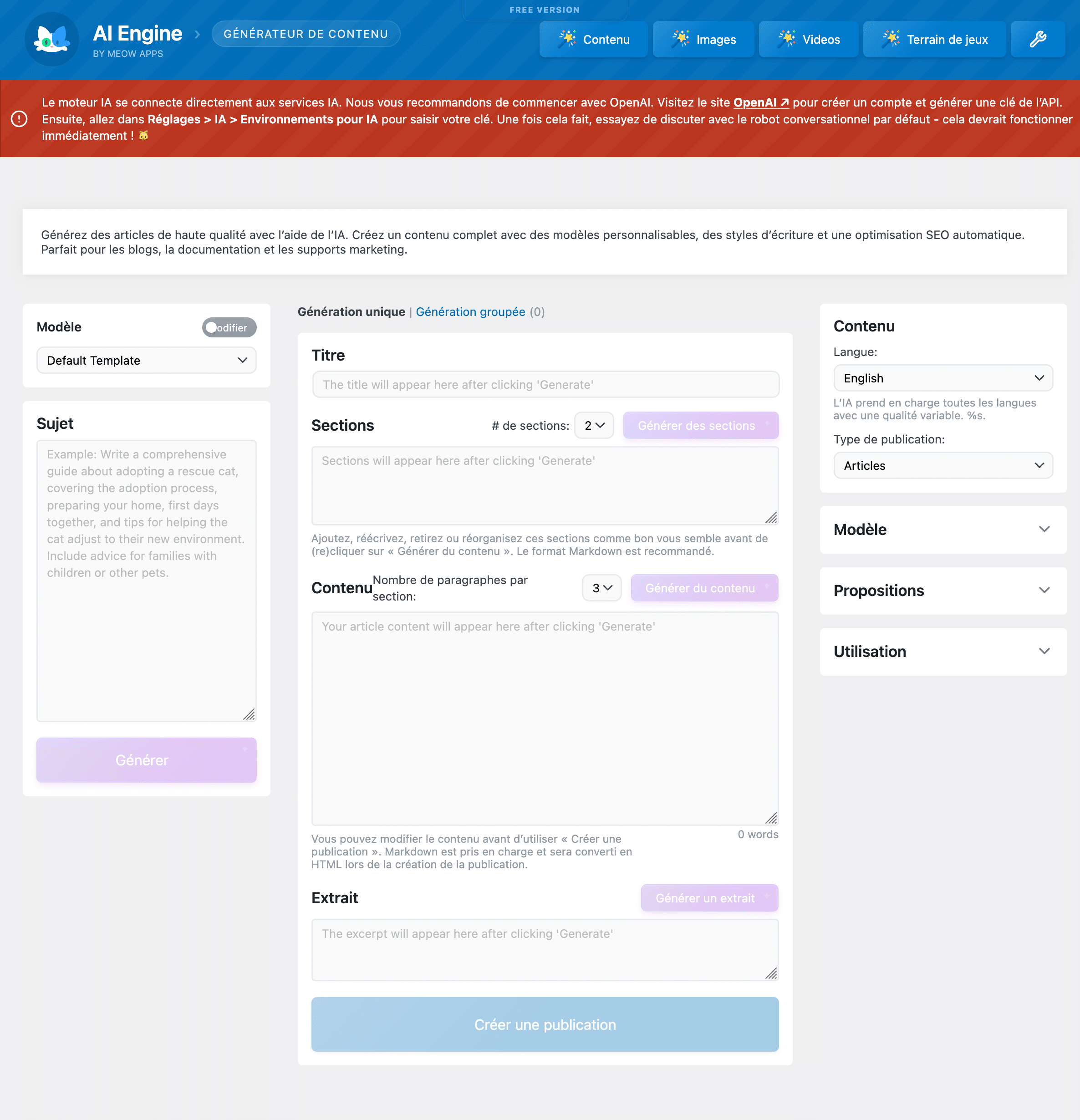 AI Engine menu on WordPress.