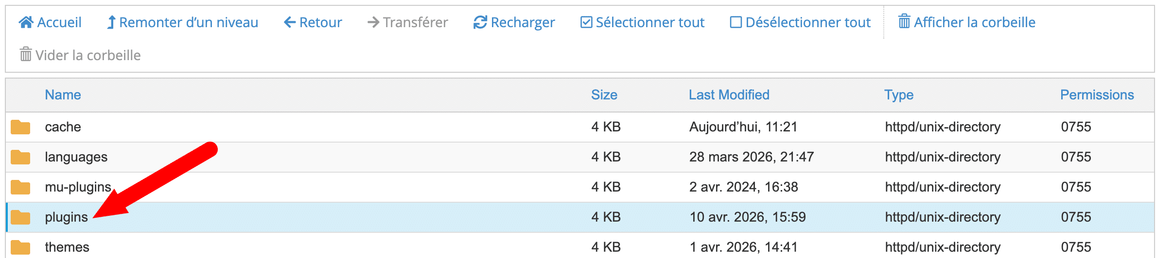 Le dossier plugins sur le gestionnaire de fichiers de cPanel.