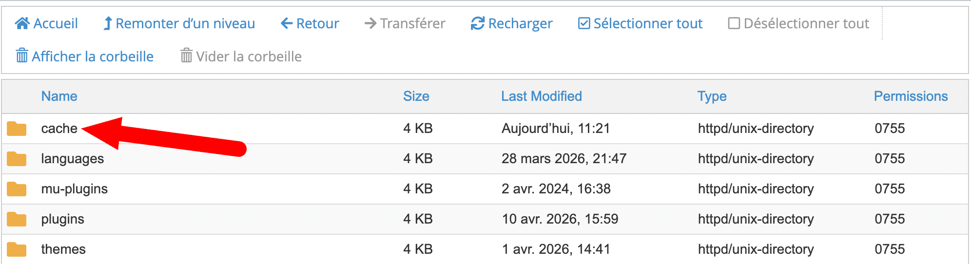 Le répertoire wp-content-cache sur le gestionnaire de fichiers decPanel.