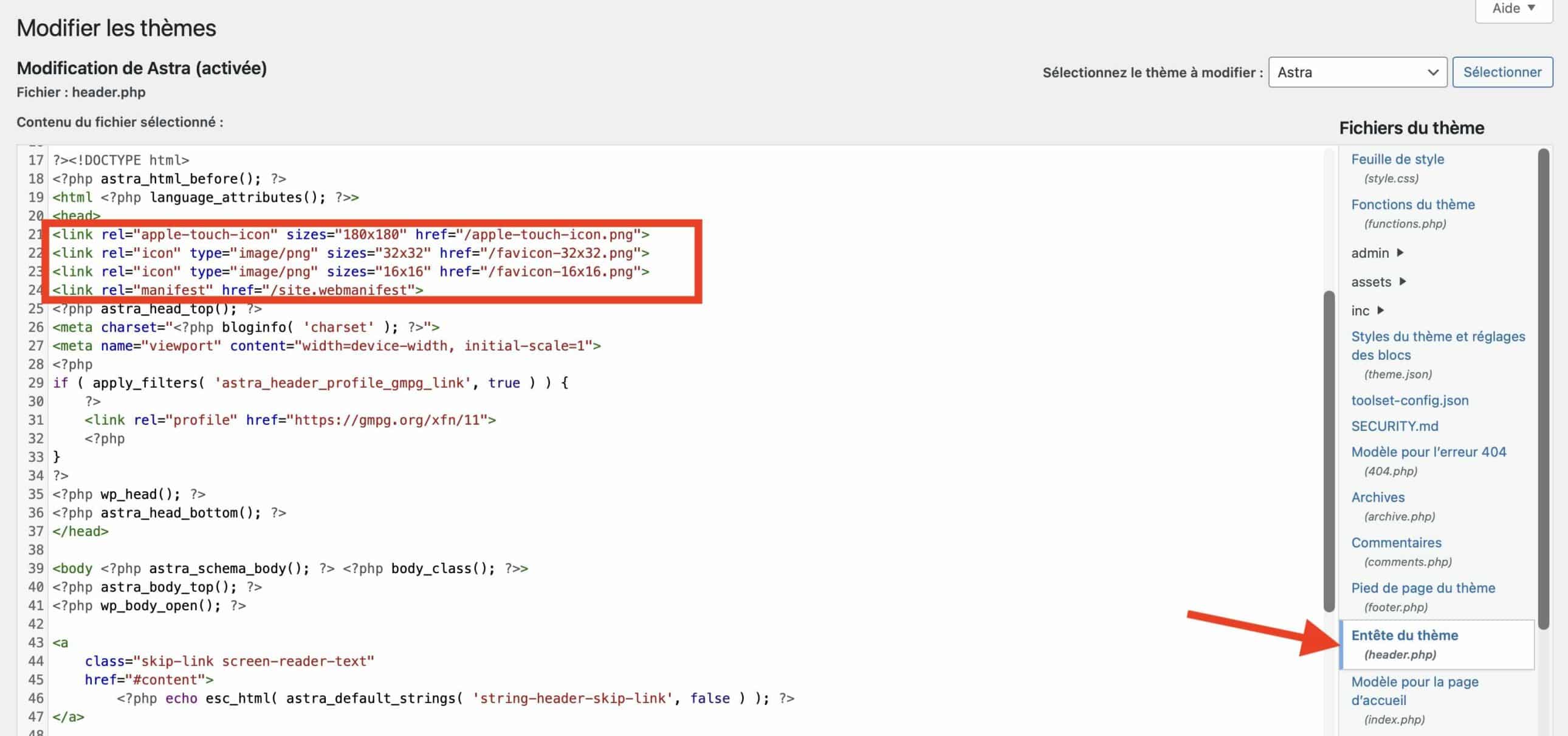 WordPress favicon code in the header.php file.