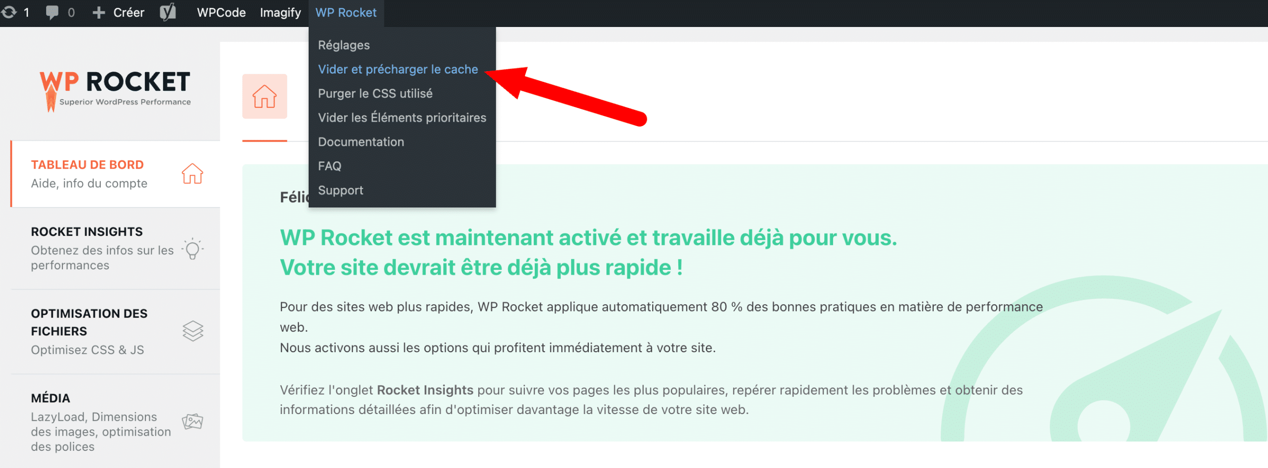 L'option pour vider et précharger le cache WordPress sur le plugin WP Rocket.